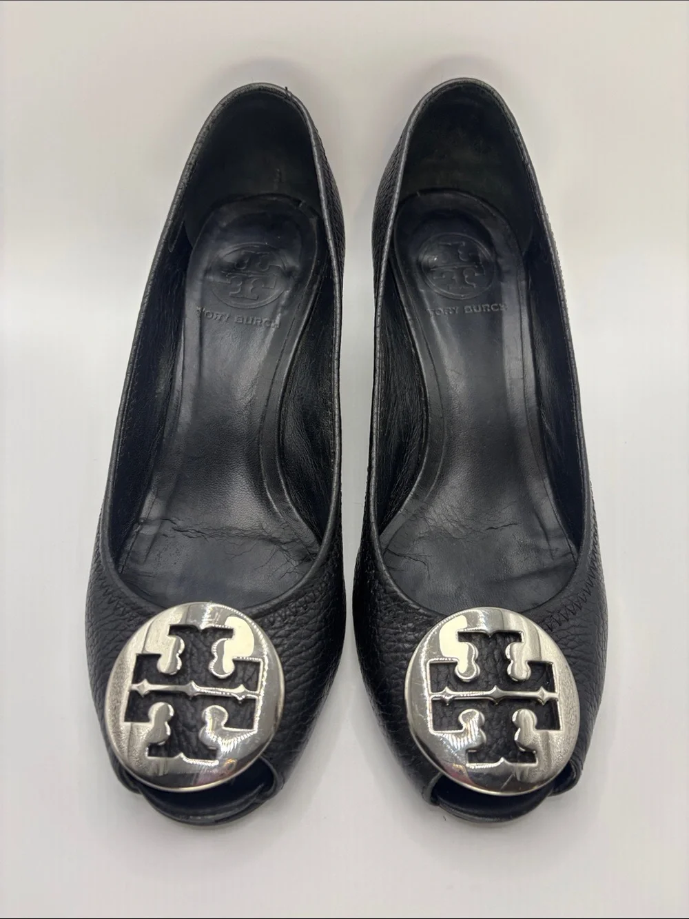 Tory Burch Black Leather Wedge Peep-Toe Flats with Silver Logo